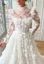 White Appliqued High Neck Bridal A-Line Gown with Long Sleeves and Embroidery
