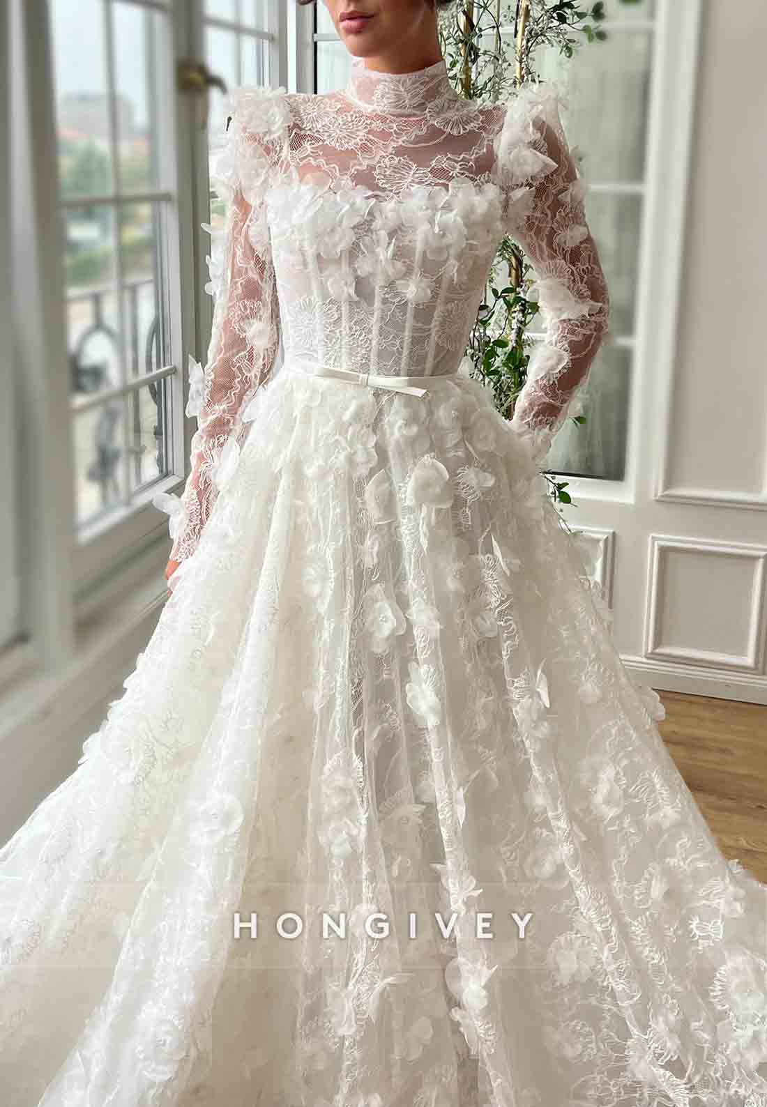 White Appliqued High Neck Bridal A-Line Gown with Long Sleeves and Embroidery