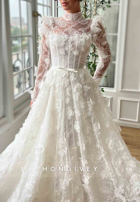 White Appliqued High Neck Bridal A-Line Gown with Long Sleeves and Embroidery