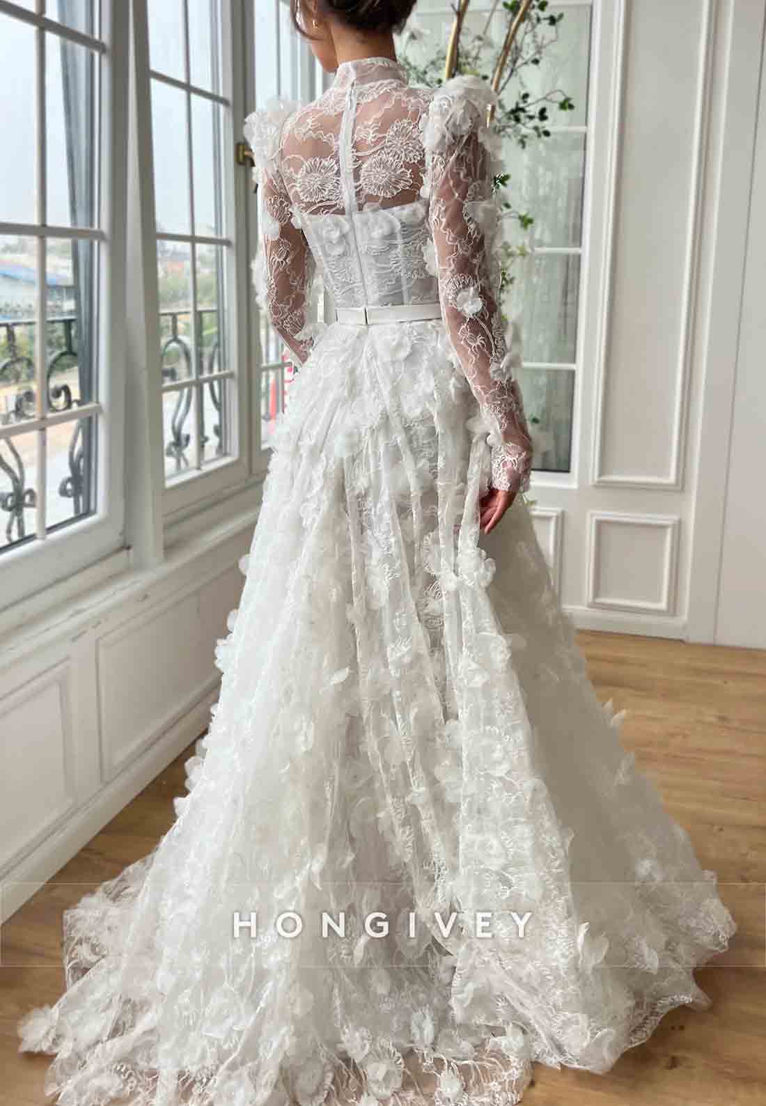 White Appliqued High Neck Bridal A-Line Gown with Long Sleeves and Embroidery