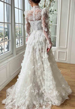 White Appliqued High Neck Bridal A-Line Gown with Long Sleeves and Embroidery
