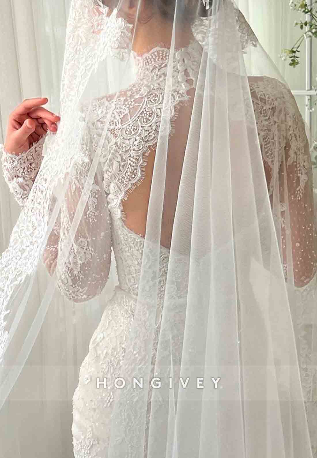 White High Neck Bridal Mermaid Dress with Long Sleeves Lace Embroidery