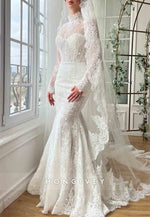 White High Neck Bridal Mermaid Dress with Long Sleeves Lace Embroidery