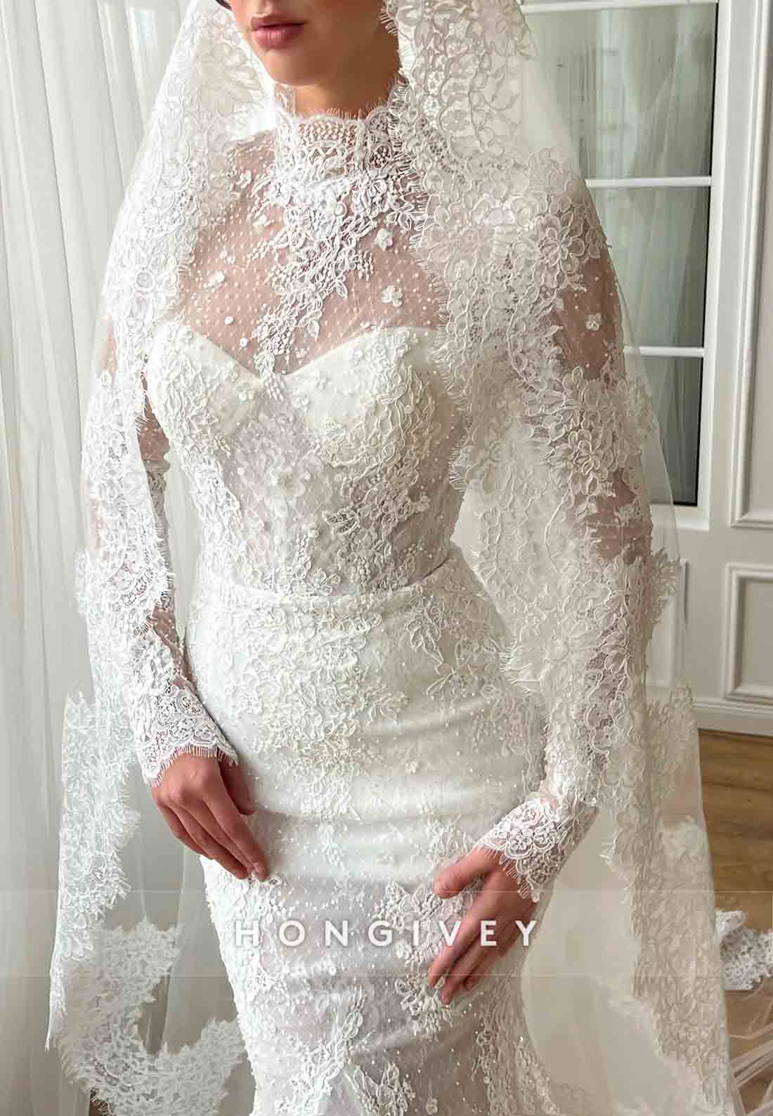 White High Neck Bridal Mermaid Dress with Long Sleeves Lace Embroidery