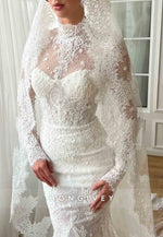 White High Neck Bridal Mermaid Dress with Long Sleeves Lace Embroidery