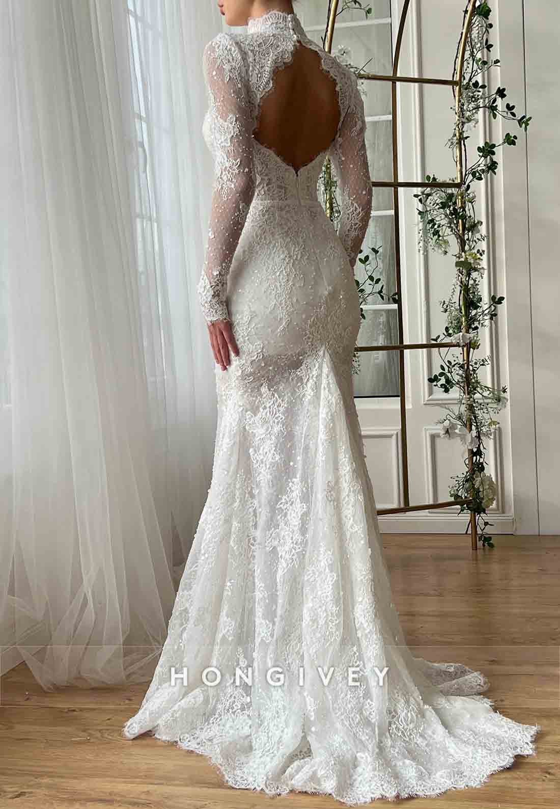 White High Neck Bridal Mermaid Dress with Long Sleeves Lace Embroidery