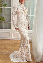 White High Neck Mermaid Floor-Length Bridal Dress with Long Sleeves and Lace