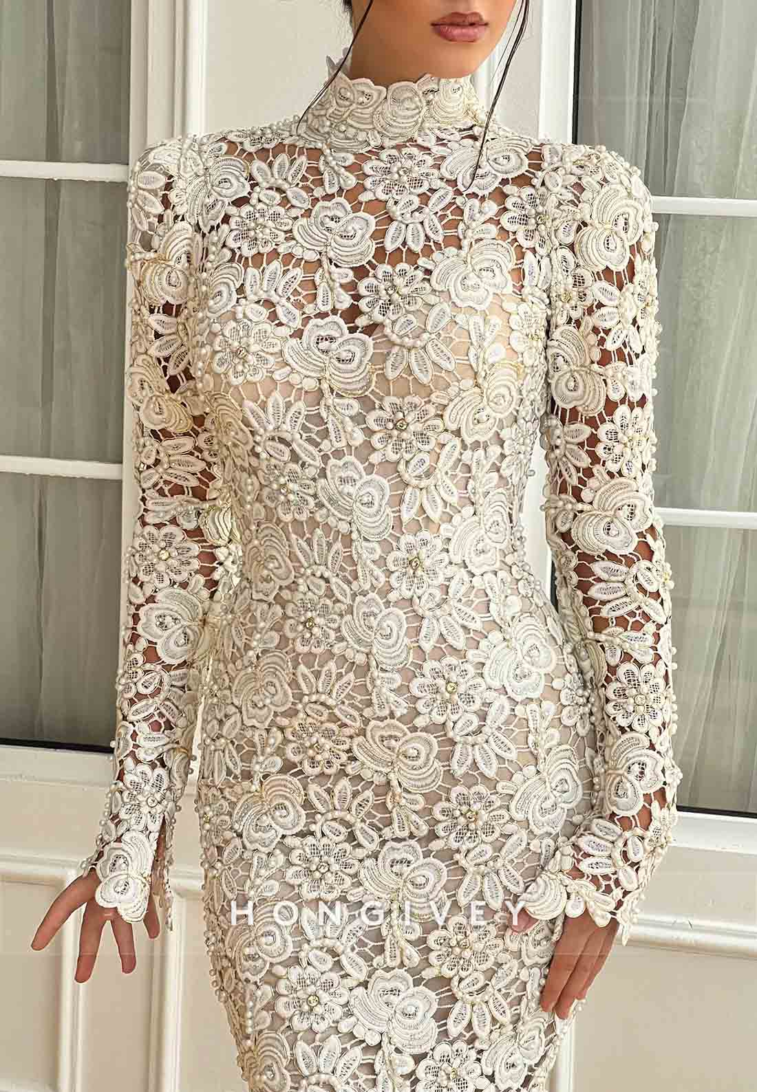 White High Neck Mermaid Floor-Length Bridal Dress with Long Sleeves and Lace