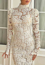 White High Neck Mermaid Floor-Length Bridal Dress with Long Sleeves and Lace