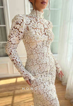White High Neck Mermaid Floor-Length Bridal Dress with Long Sleeves and Lace