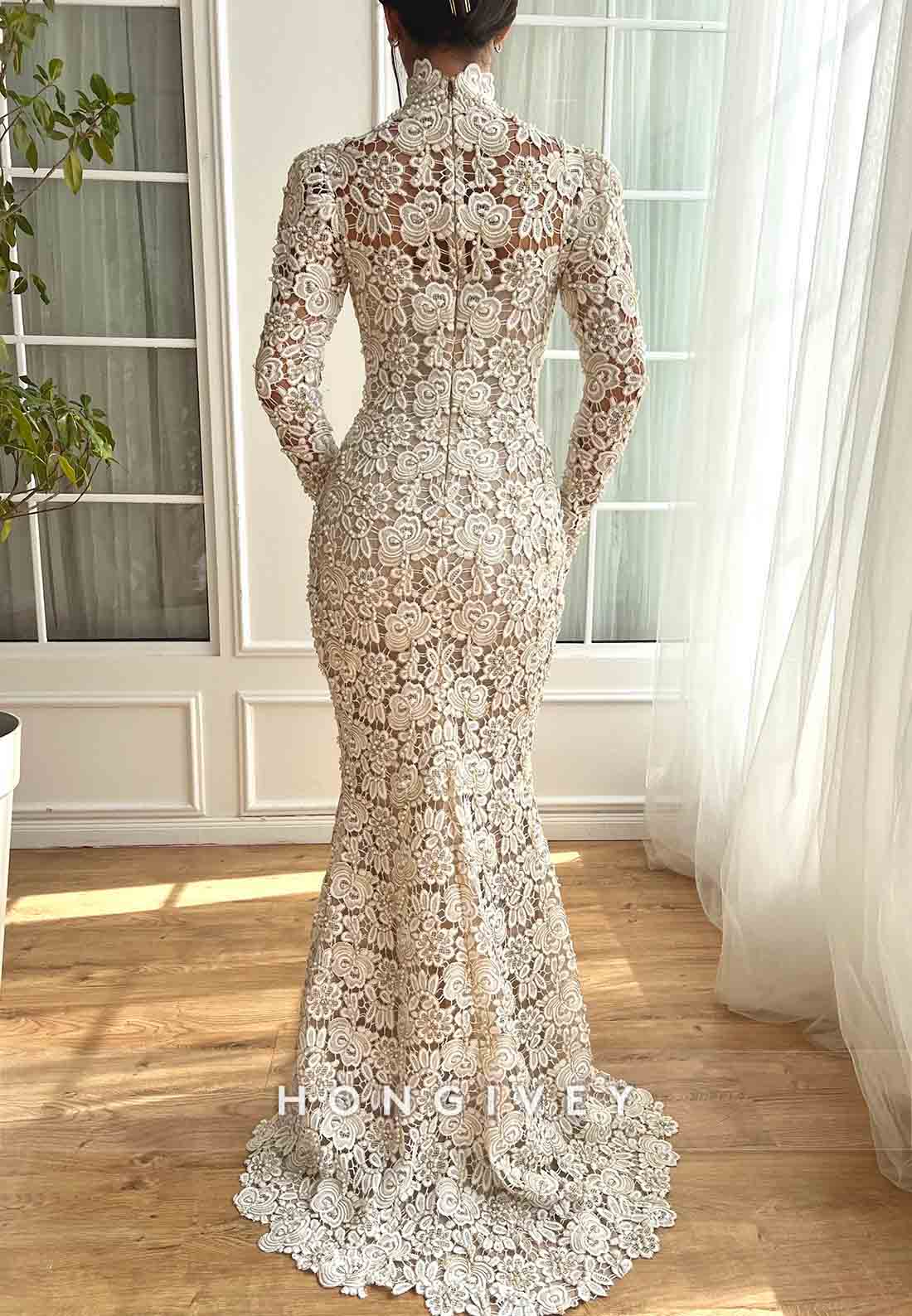 White High Neck Mermaid Floor-Length Bridal Dress with Long Sleeves and Lace