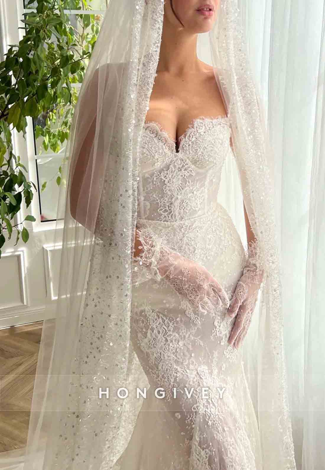 Sweetheart Lace Court Train Sleeveless Mermaid Wedding Dresses