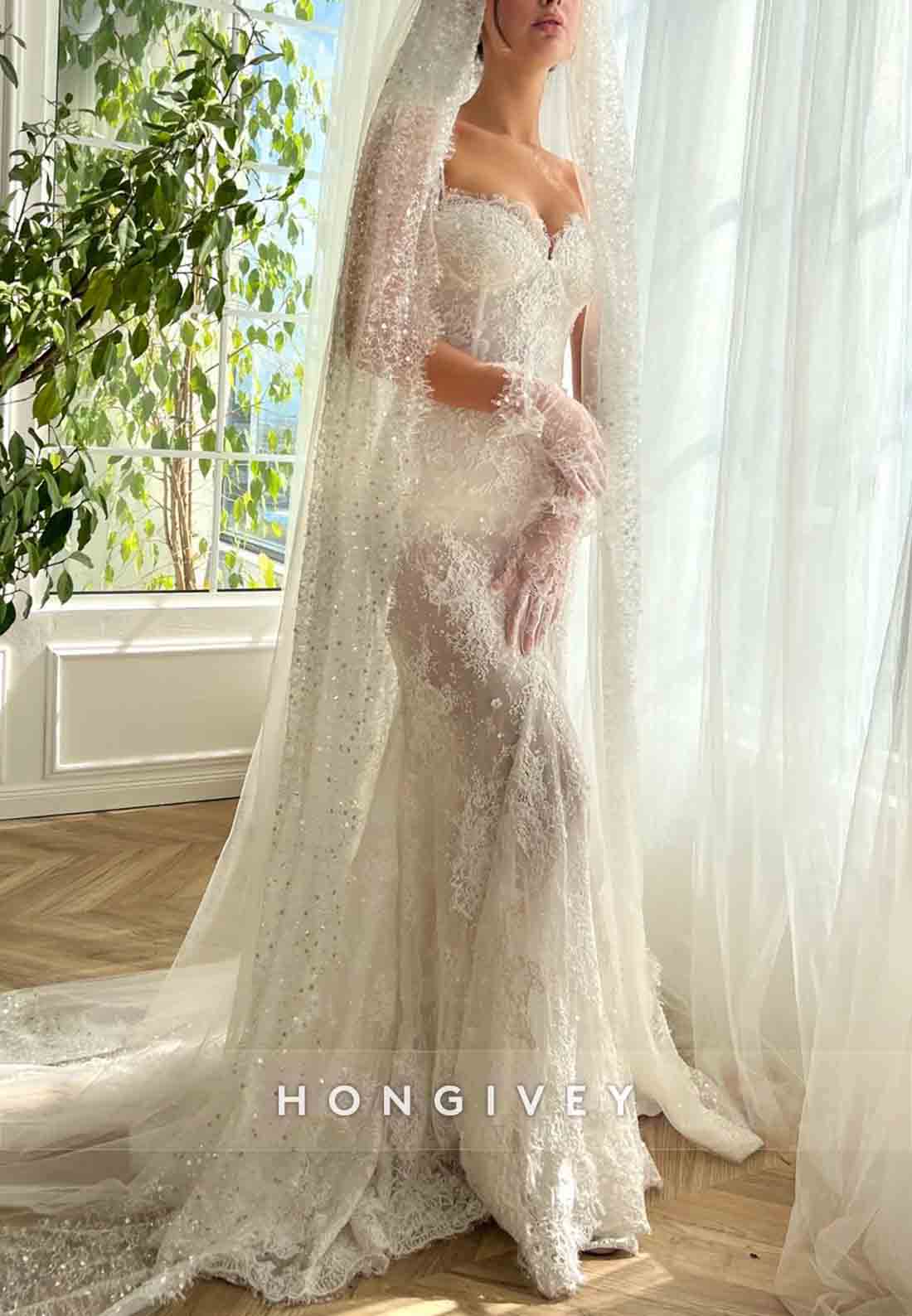 Sweetheart Lace Court Train Sleeveless Mermaid Wedding Dresses