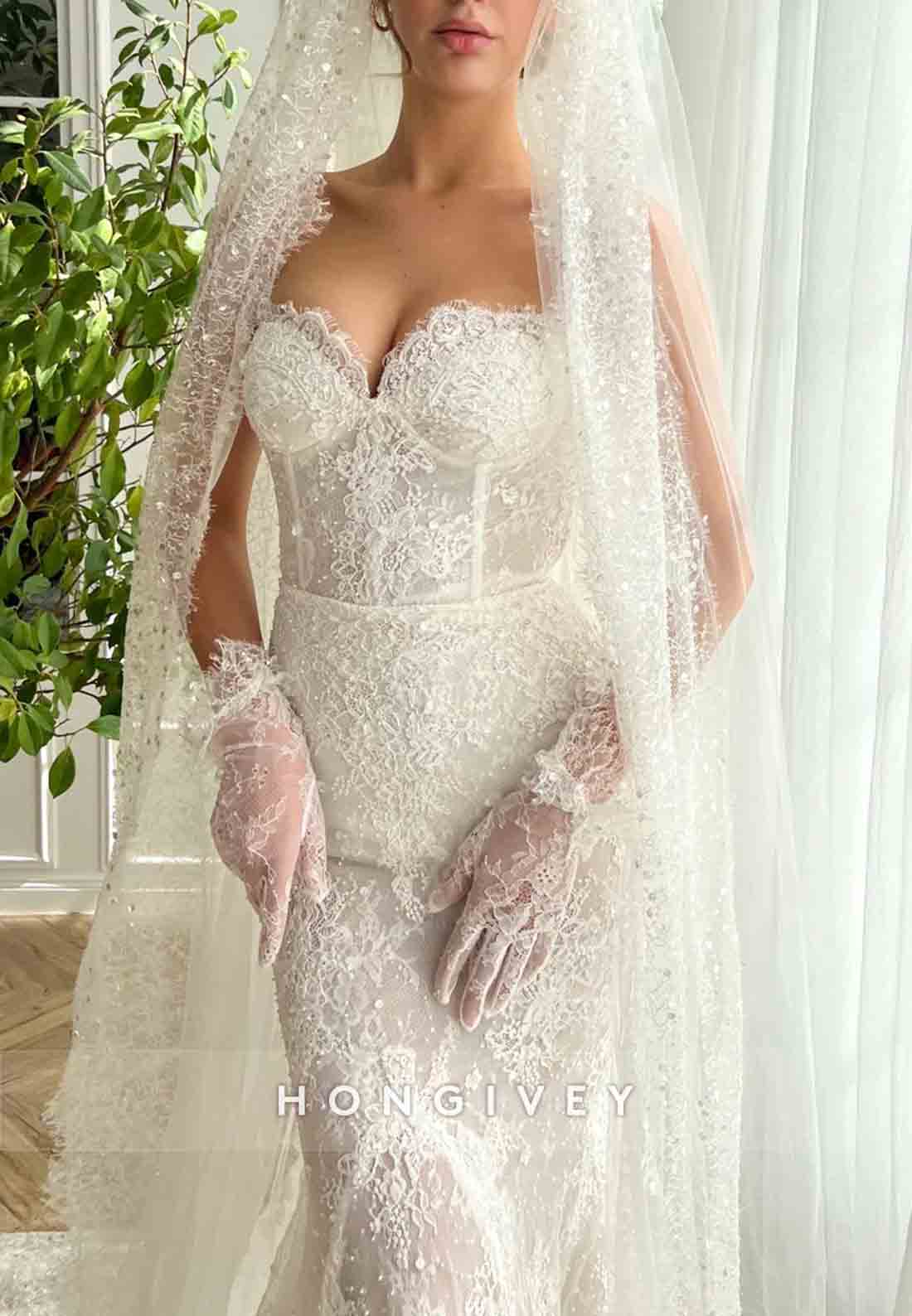 Sweetheart Lace Court Train Sleeveless Mermaid Wedding Dresses