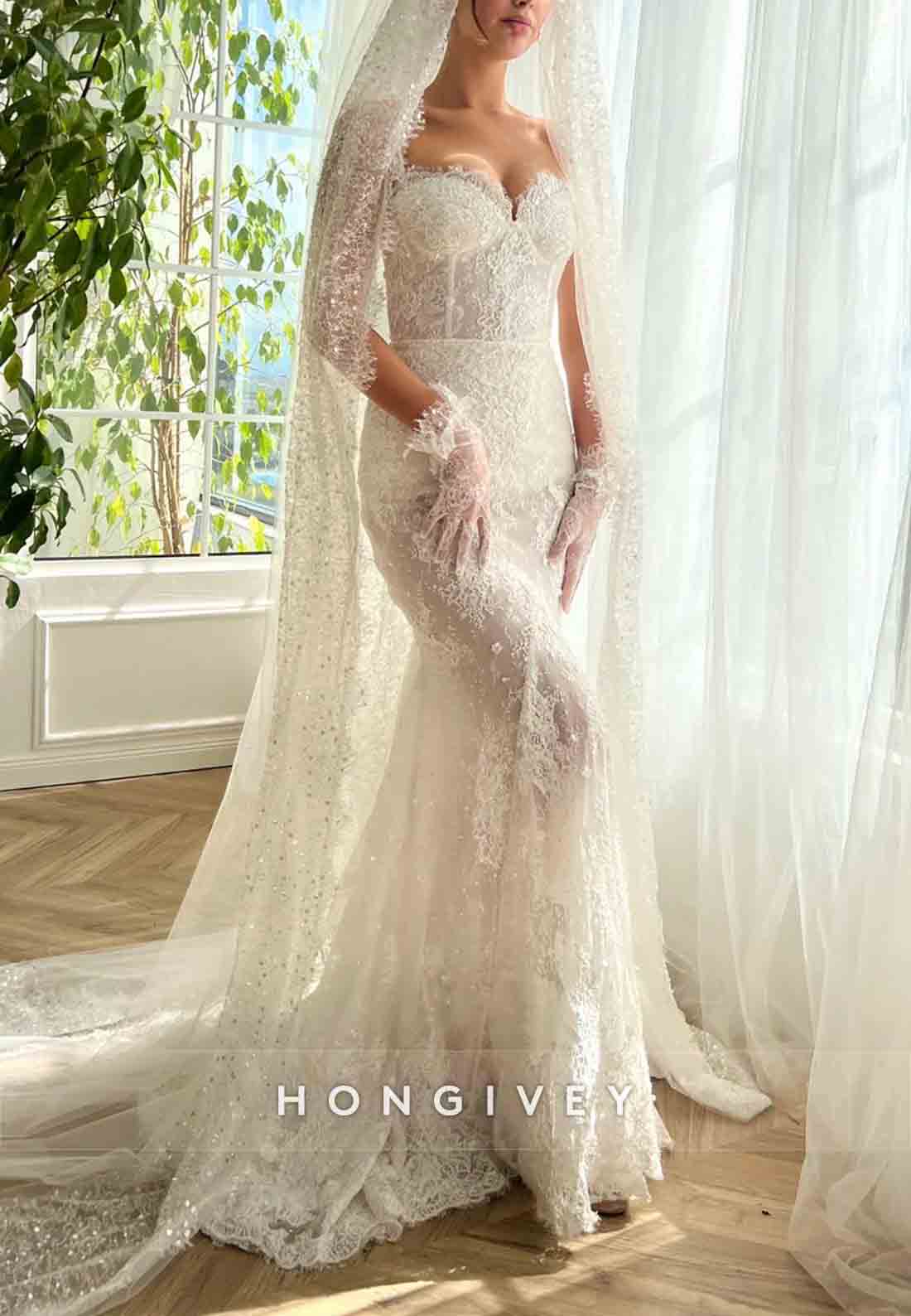 Sweetheart Lace Court Train Sleeveless Mermaid Wedding Dresses