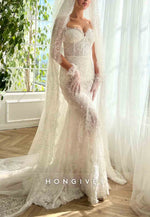 Sweetheart Lace Court Train Sleeveless Mermaid Wedding Dresses