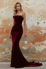 Wine Red 3D Flowers Velvet Strapless Sleeveless Mermaid Evening Dress