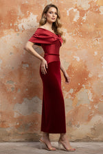 Wine Red Off The Shoulder Velvet Ankle-Length Evening Dress
