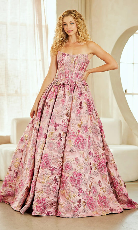Bow A-Line Strapless Flowers Floral Print Sleeveless Prom Dress Floor-Length