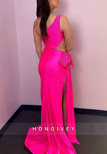 Satin Fuchsia Beaded Prom Dresses One Shoulder Mermaid Party Gowns