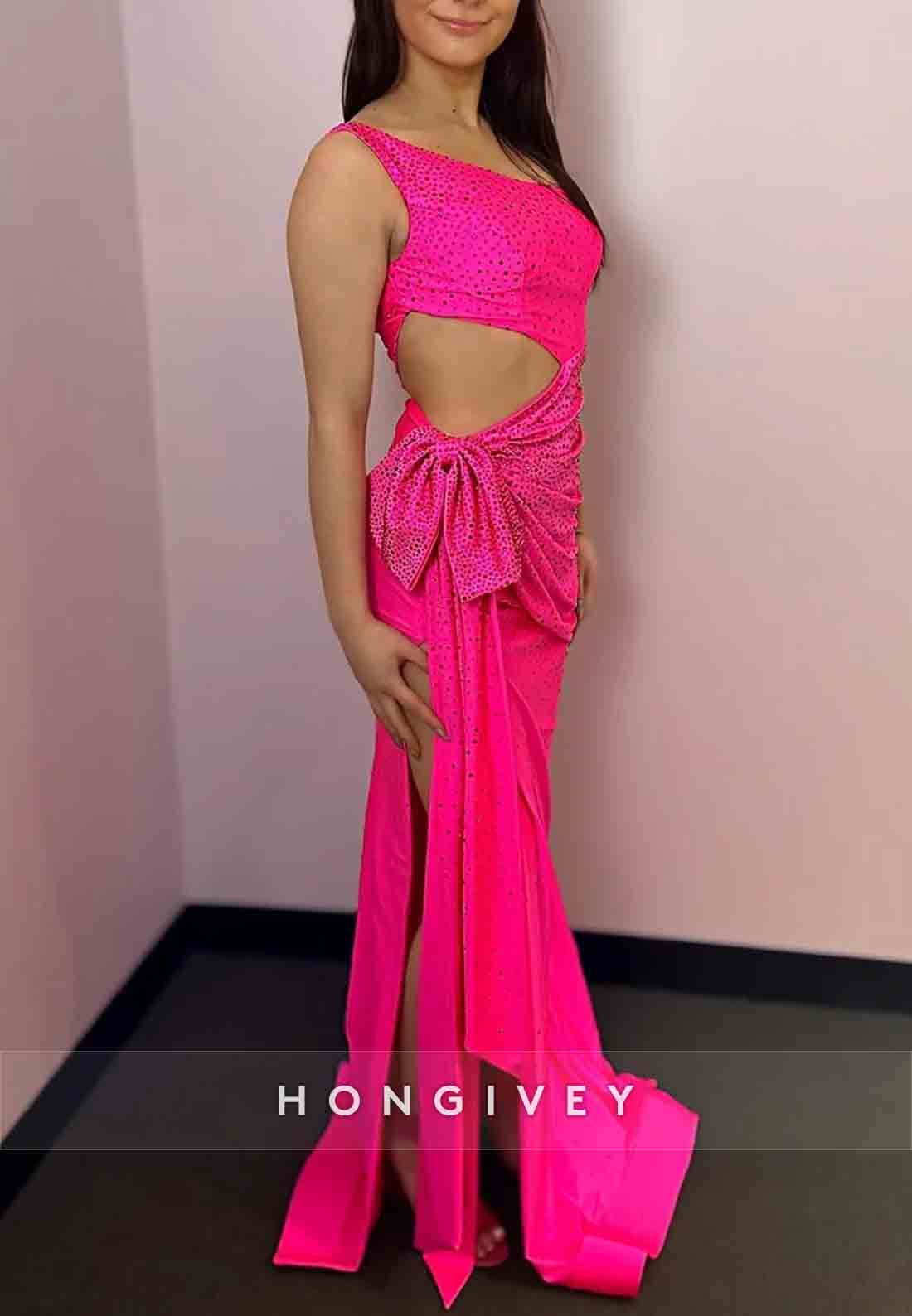 Satin Fuchsia Beaded Prom Dresses One Shoulder Mermaid Party Gowns