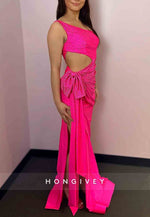 Satin Fuchsia Beaded Prom Dresses One Shoulder Mermaid Party Gowns