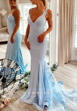 V Back Satin Lace Appliques Shoulder Flower Long V Neck Prom Dresses