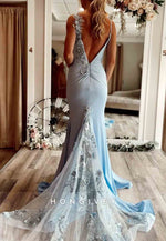 V Back Satin Lace Appliques Shoulder Flower Long V Neck Prom Dresses