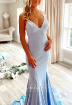 V Back Satin Lace Appliques Shoulder Flower Long V Neck Prom Dresses