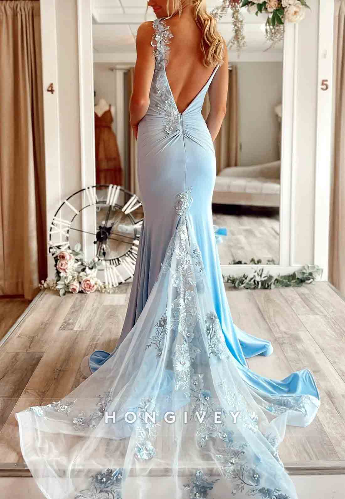 V Back Satin Lace Appliques Shoulder Flower Long V Neck Prom Dresses