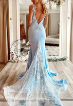 V Back Satin Lace Appliques Shoulder Flower Long V Neck Prom Dresses