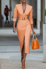 Work Dress Tangerine Sheath V Neck Belted Long Sleeve Midi Dress