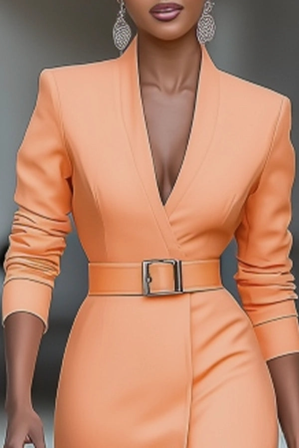 Work Dress Tangerine Sheath V Neck Belted Long Sleeve Midi Dress