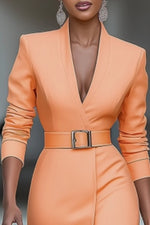 Work Dress Tangerine Sheath V Neck Belted Long Sleeve Midi Dress