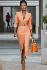 Work Dress Tangerine Sheath V Neck Belted Long Sleeve Midi Dress