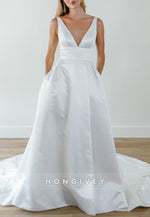 Low V-Neck Regular Straps Satin Low Back Wedding Dresses with High Slit