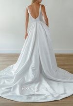 Low V-Neck Regular Straps Satin Low Back Wedding Dresses with High Slit