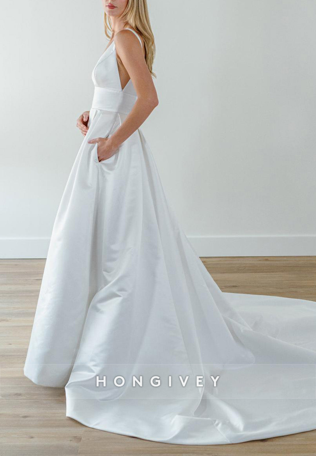 Low V-Neck Regular Straps Satin Low Back Wedding Dresses with High Slit