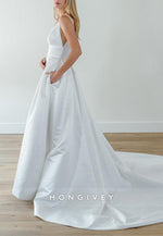 Low V-Neck Regular Straps Satin Low Back Wedding Dresses with High Slit