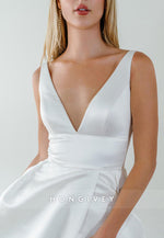 Low V-Neck Regular Straps Satin Low Back Wedding Dresses with High Slit