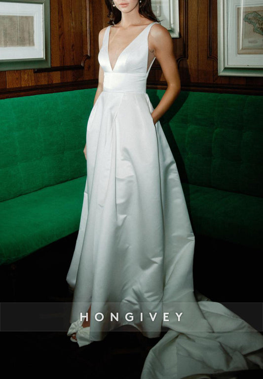 Low V-Neck Regular Straps Satin Low Back Wedding Dresses with High Slit