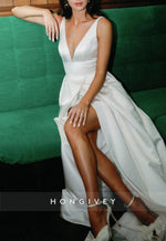 Low V-Neck Regular Straps Satin Low Back Wedding Dresses with High Slit