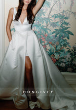 Low V-Neck Regular Straps Satin Low Back Wedding Dresses with High Slit