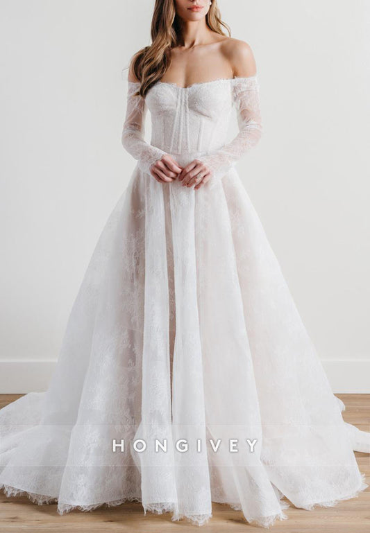 Off the Shoulder A-Line Lace Covered Button Translucent Wedding Dresses