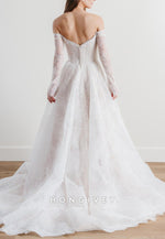 Off the Shoulder A-Line Lace Covered Button Translucent Wedding Dresses