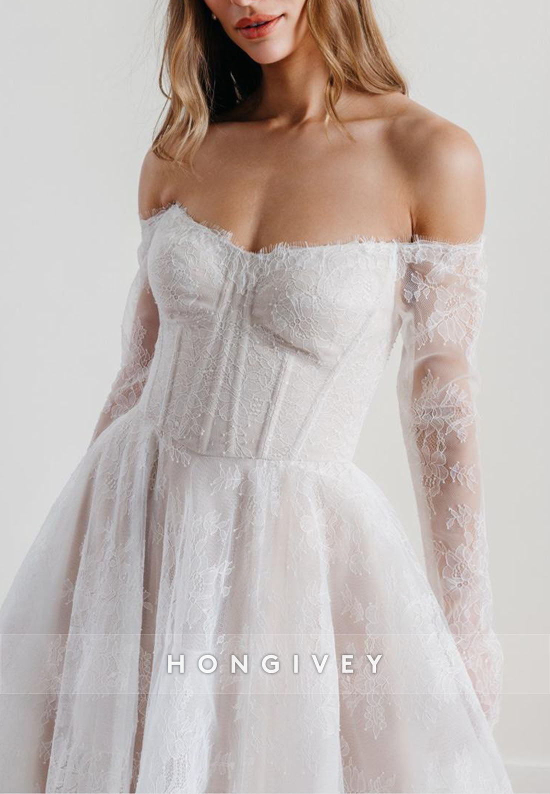 Off the Shoulder A-Line Lace Covered Button Translucent Wedding Dresses