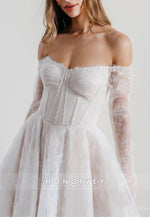 Off the Shoulder A-Line Lace Covered Button Translucent Wedding Dresses