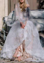 Off the Shoulder A-Line Lace Covered Button Translucent Wedding Dresses