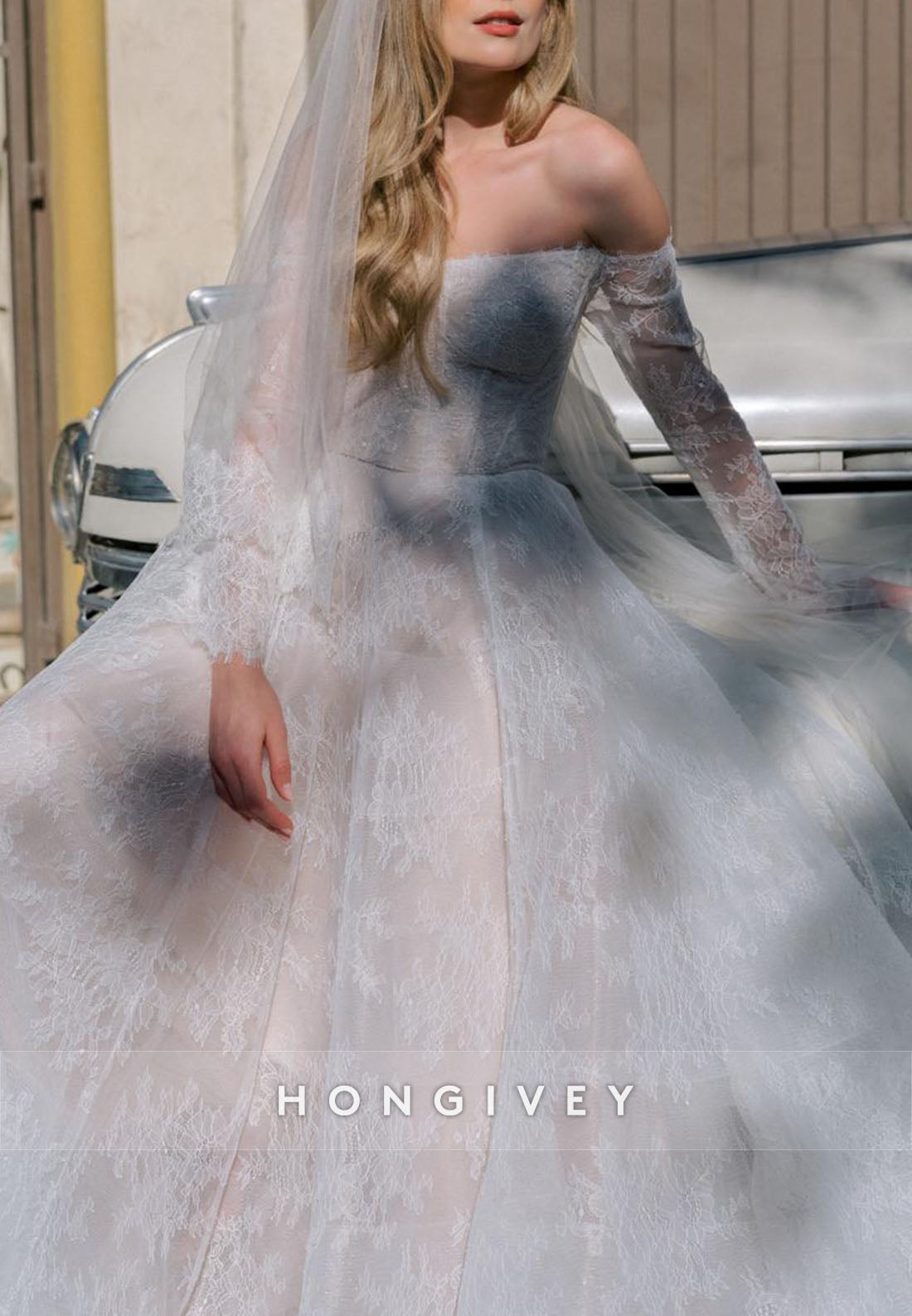 Off the Shoulder A-Line Lace Covered Button Translucent Wedding Dresses