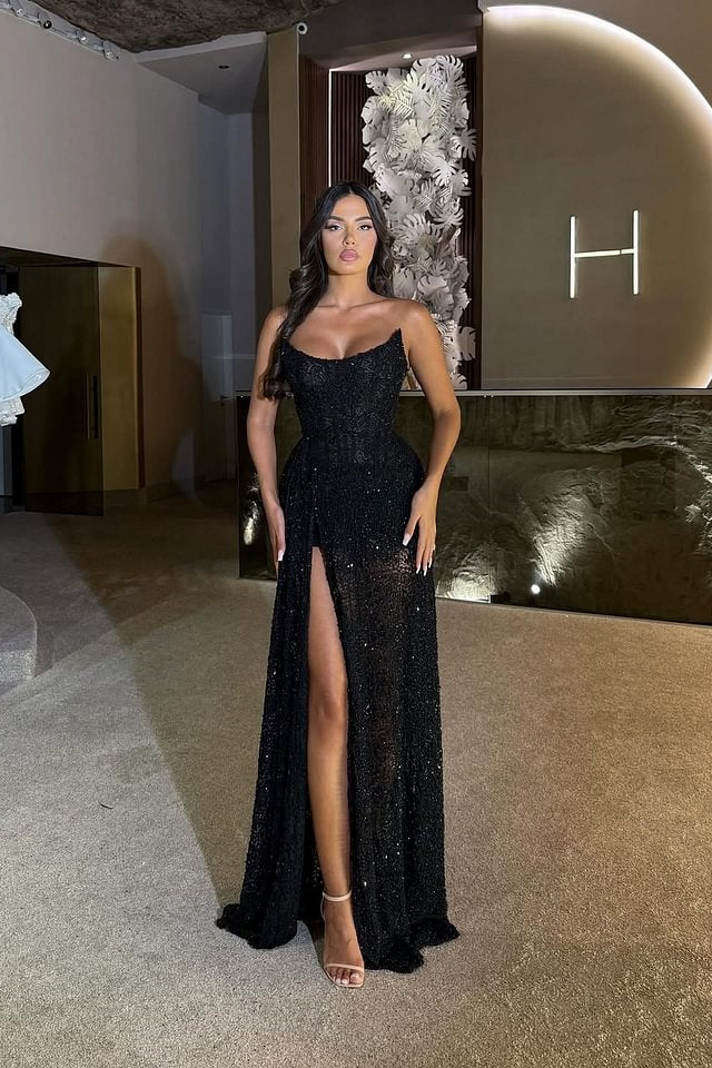 Glamorous Black Strapless Sleeveless Prom Dresses Floor Length With High Slit Beadings